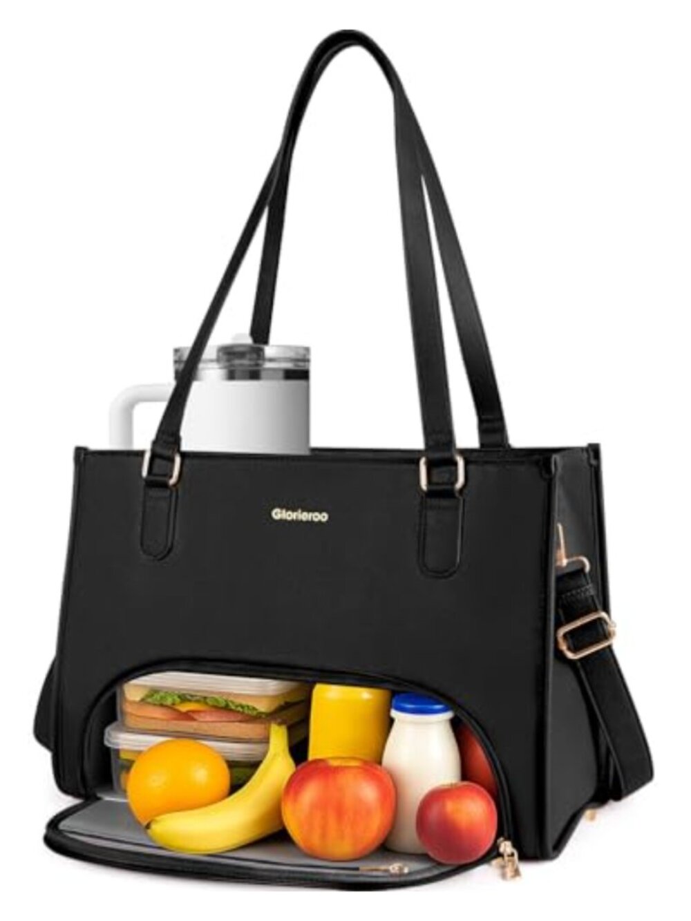 2-in-1 Laptop Tote Bag Insulated Lunch Compartment Vegan Leather Women